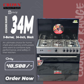Crown 34M Cooking Range β 34-Inch 5 Burner Gas Stove with Built-In Oven & Grill β